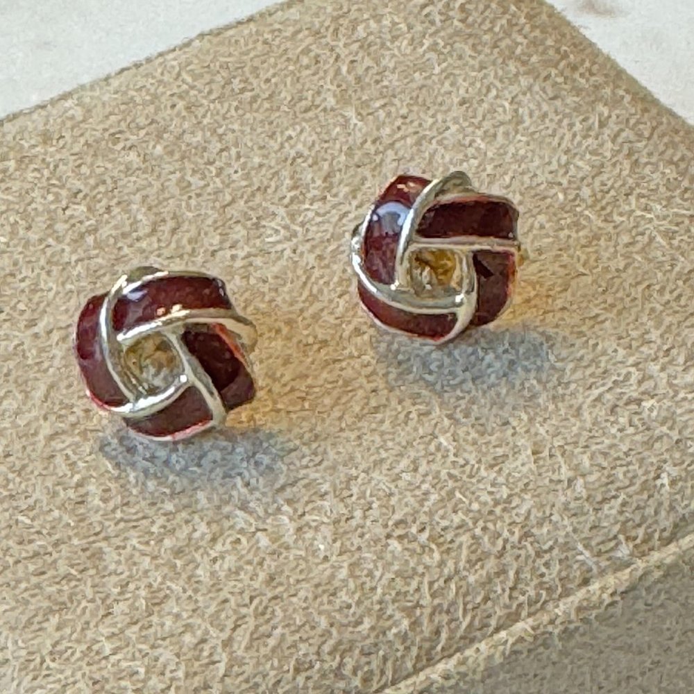 Ruby Red and Silver Knot Fashion Stud Earrings Deep Red
